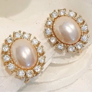 Christian Dior signed oval faux pearl cabochons rhinestones crystal earrings